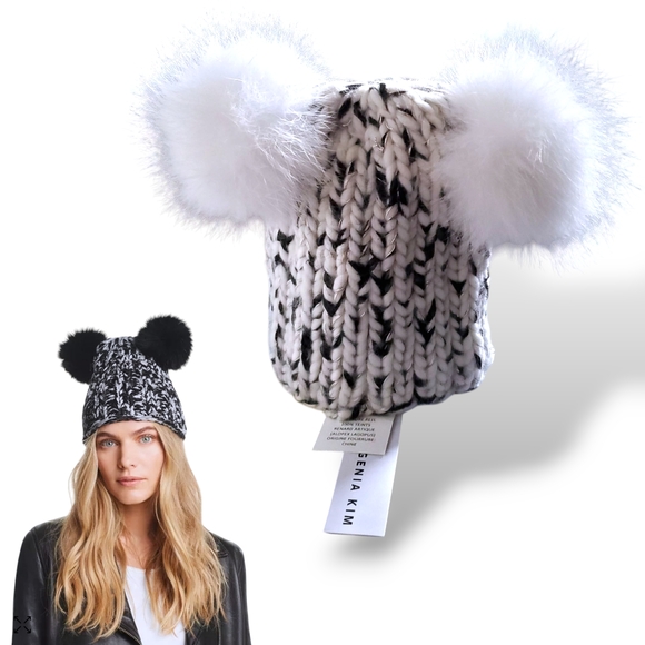 NWT Eugenia Kim White & Black Fox Fur Pom Pom Warm Soft Wool Outdoor Casual Hat